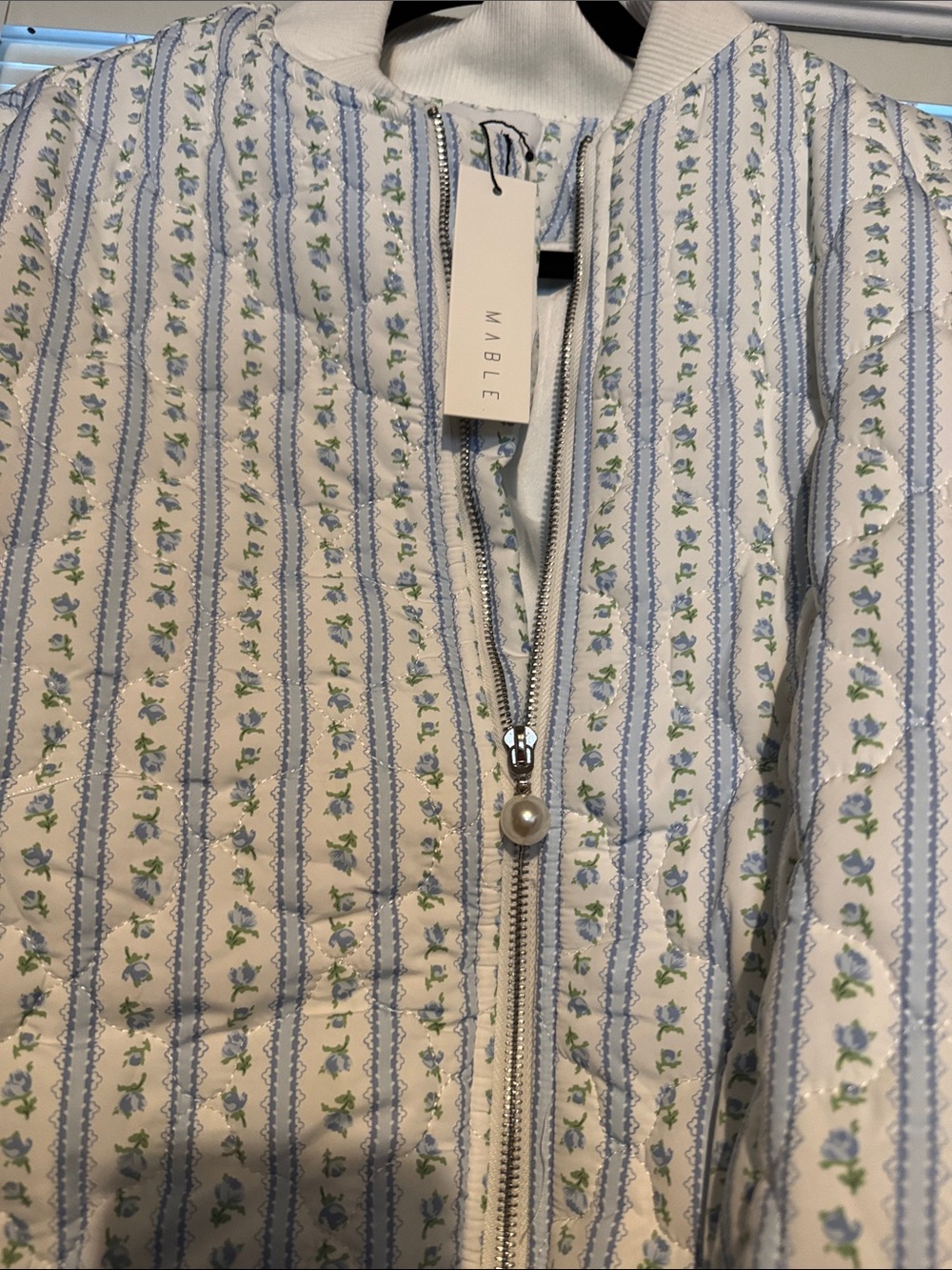 Mable Quilted Stripe Bomber Jacket in Cream and Light Blue
